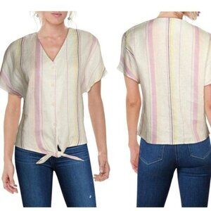 Three Dots Short Sleeves Tie Front Button-down Top - L